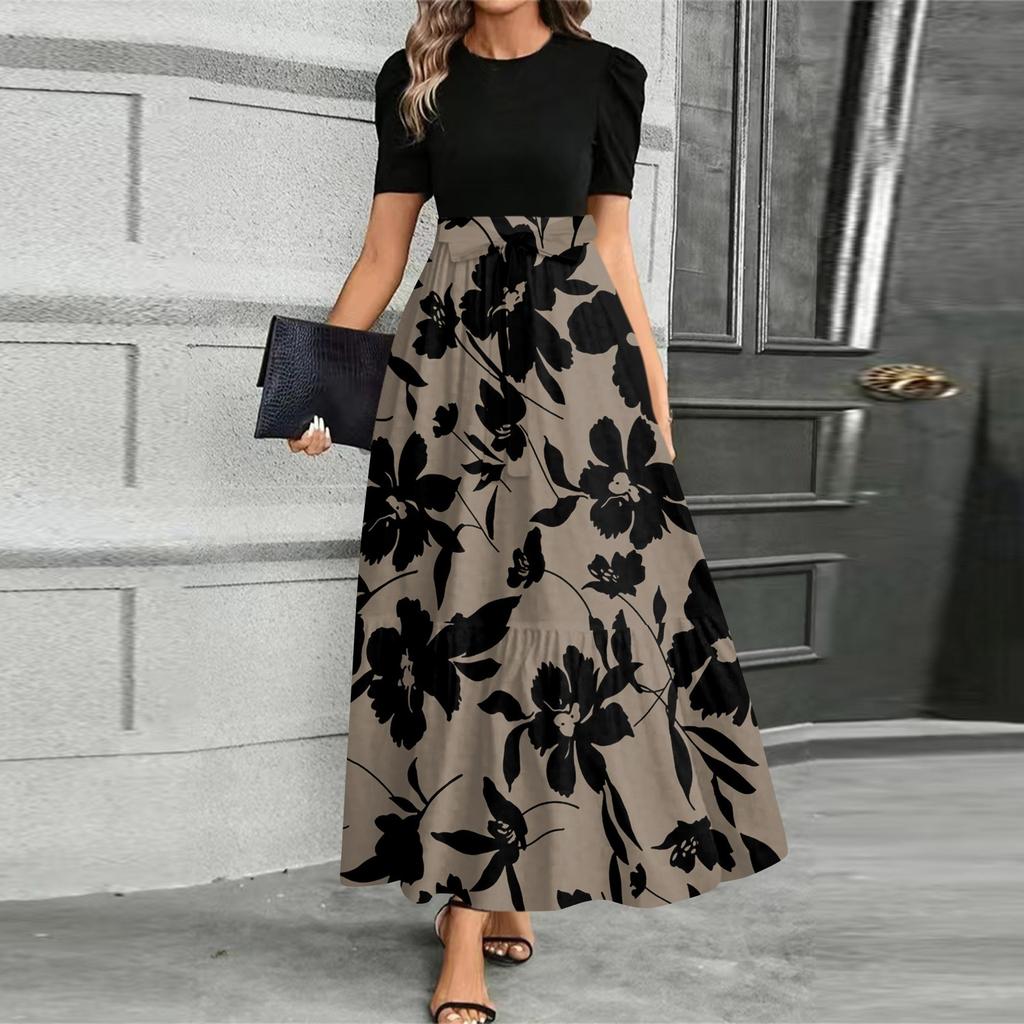 Women's Fashionable Casual Belt Short Sleeved Round Neck Print Elegant Temperament Dress