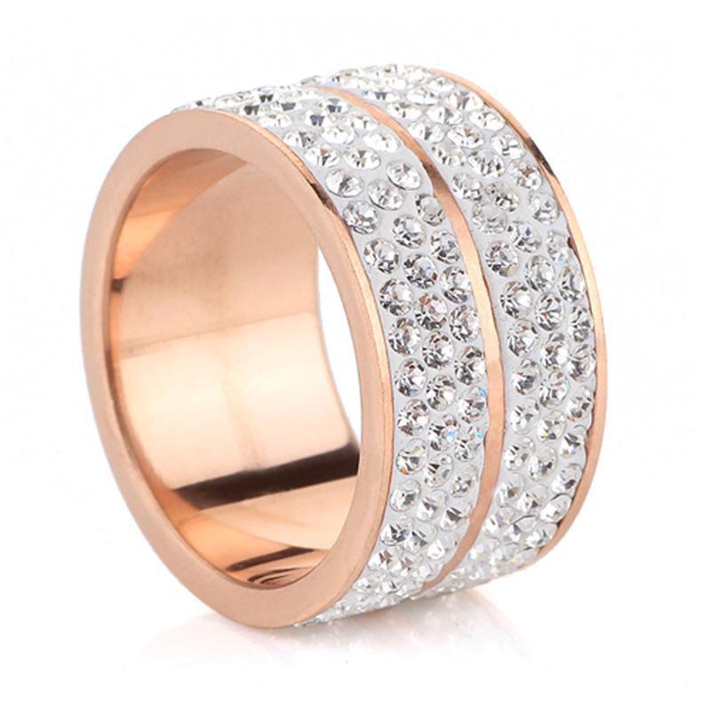 Stylish 12MM Stainless Steel Double Row Rhinestone Ring