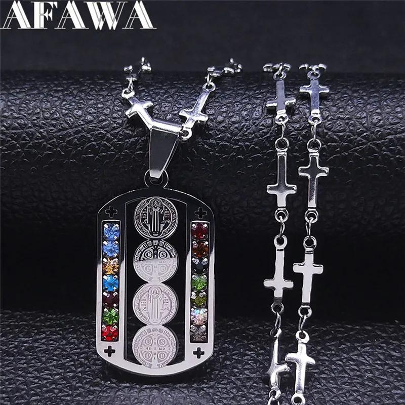 Stainless Steel Crystal Catholicism Saint Benedict Jesus Necklaces Women/Men Cross Chain Necklace Jewelry cruz colgante N4909S02