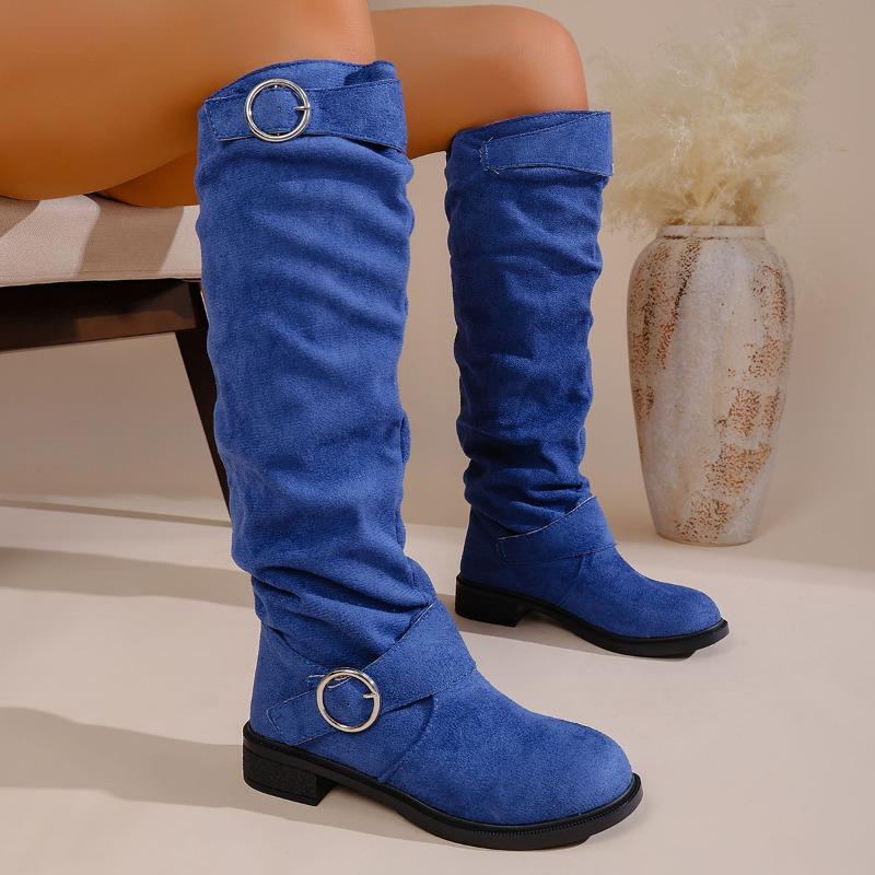 

New large-size women s shoes pleated women s boots belt buckle but knee piled boots thick heel fashion boots 37 синій
