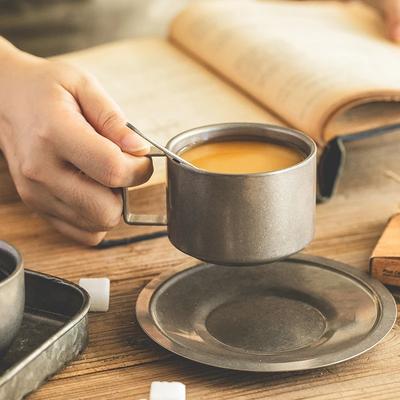 Retro Frosted Coffee Cups and Saucers, Original Made 304 Stainless Steel, Japanese Industrial Style Metal Cup Set, Afternoon Tea