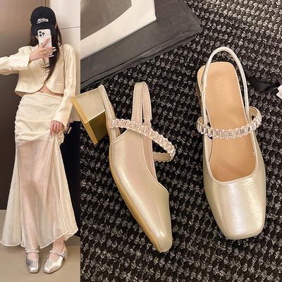 Champagne Rhinestone Word with Bag Head Sandals Women's Mary Jane Shoes with Skirt 2025 Summer New Comfortable Low Heel