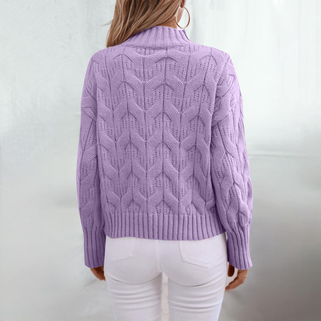 Mote for kvinner, avslappet genser med lange ermer og halv høy hals, kabelstrikk, løs passform