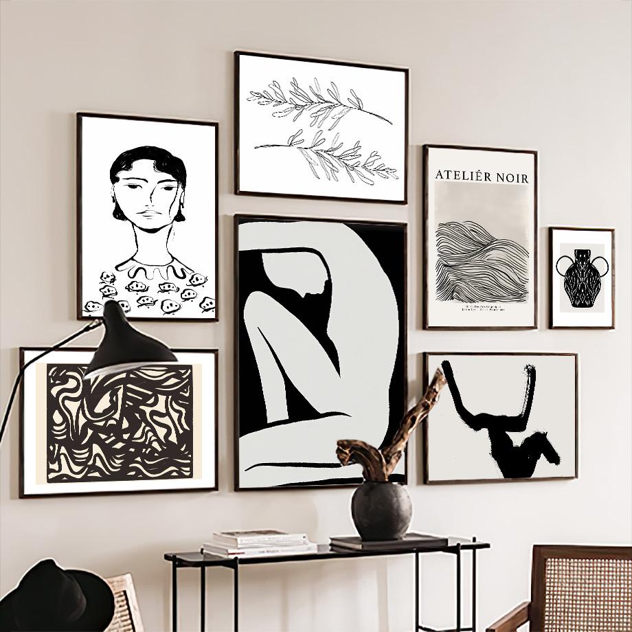 Abstract Bohemian Line Woman Leaf Vase Flower Mid Century Posters Canvas Painting Wall Art Print Picture Living Room Home Decor