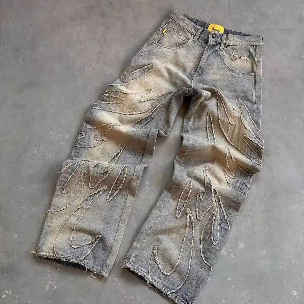 Men Baggy Aesthetic Streetwear Jeans Male Retro Fashion Wide Leg Denim Pants Graphic Embroidered Designer Hip Pop Denim Trousers
