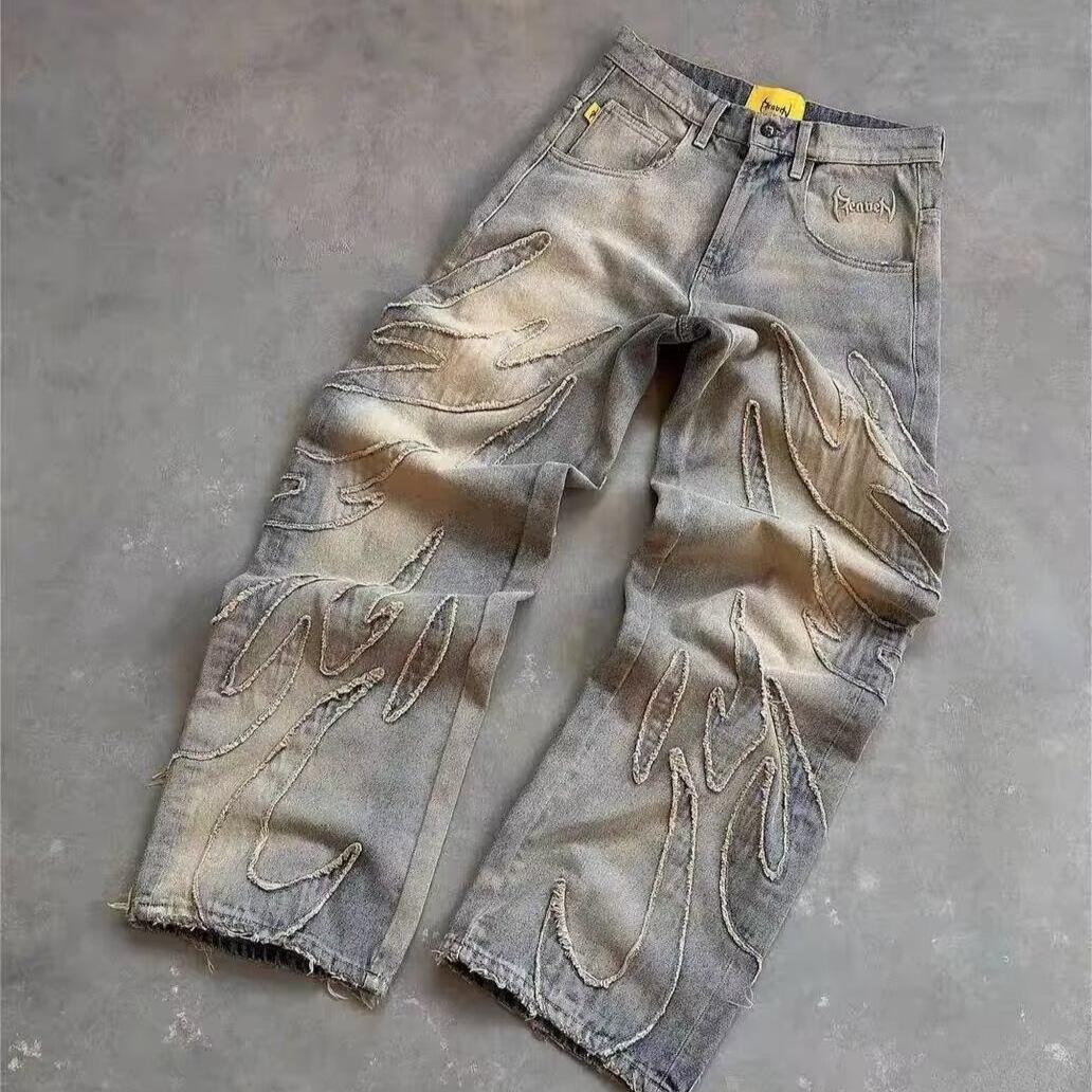 Geener Heren Baggy Esthetische Streetwear Jeans Mannelijk Retro Mode Wijde Pijp Denim Broek Grafisch Geborduurd Designer Hip Hop Denim Broek S blauw