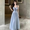 French Blue Mesh V-neck Suspender Dress Women's Summer Birthday Dress Skirt Temperament Waist and Thin Dress