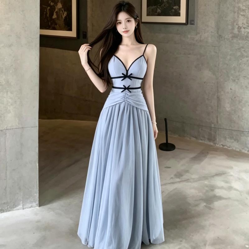 French Blue Mesh V-neck Suspender Dress Women's Summer Birthday Dress Skirt Temperament Waist and Thin Dress