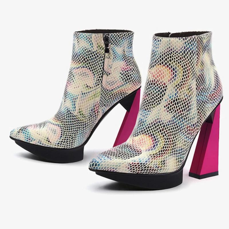 Fashion Brand Runway Style Mixed Color Banquet Cowhide Short Boots Sexy Pointed Waterproof Platform Irregular High Heels Ankle Boots