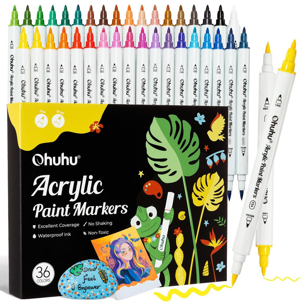 Ohuhu Acrylic Brush Type and Fine Filled with Acrylic Opaque Paint Markers for Storage Case Included Markers, Point, 36-Color Set, Pens, Water-Based