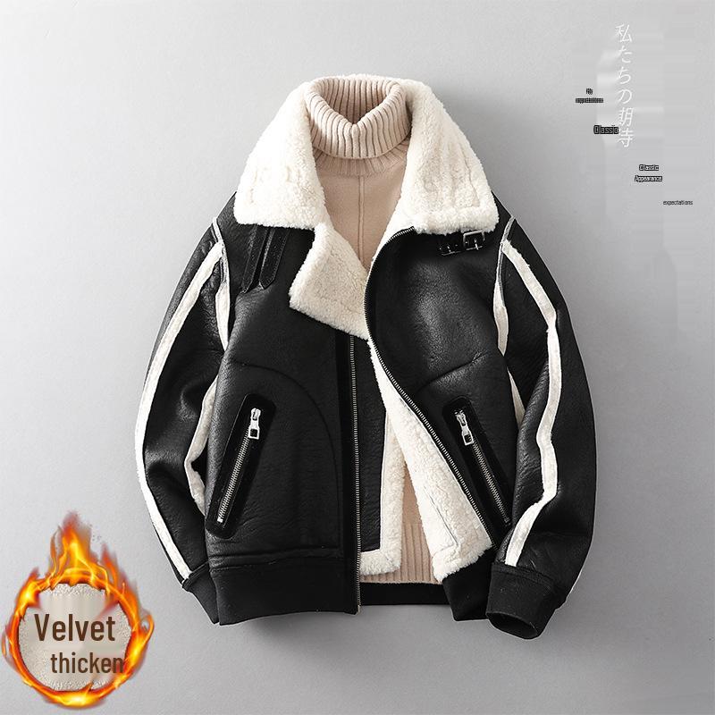 

JK2032 Men s Reversible Plus Size Leather-Fur Fleece Jacket XL чорний/білий