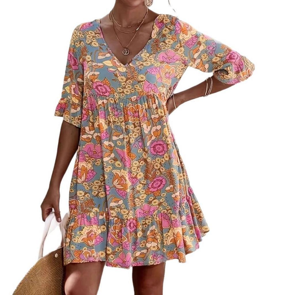 New Summer Boho Dress for Women, V Neck Floral Print Casual Beach Dress, European American Style