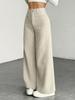 Pantaloni da Donna a Vita Alta a Gamba Larga, Pantaloni Casual Basici con Dettaglio Bottone, Grigio Uniforme
