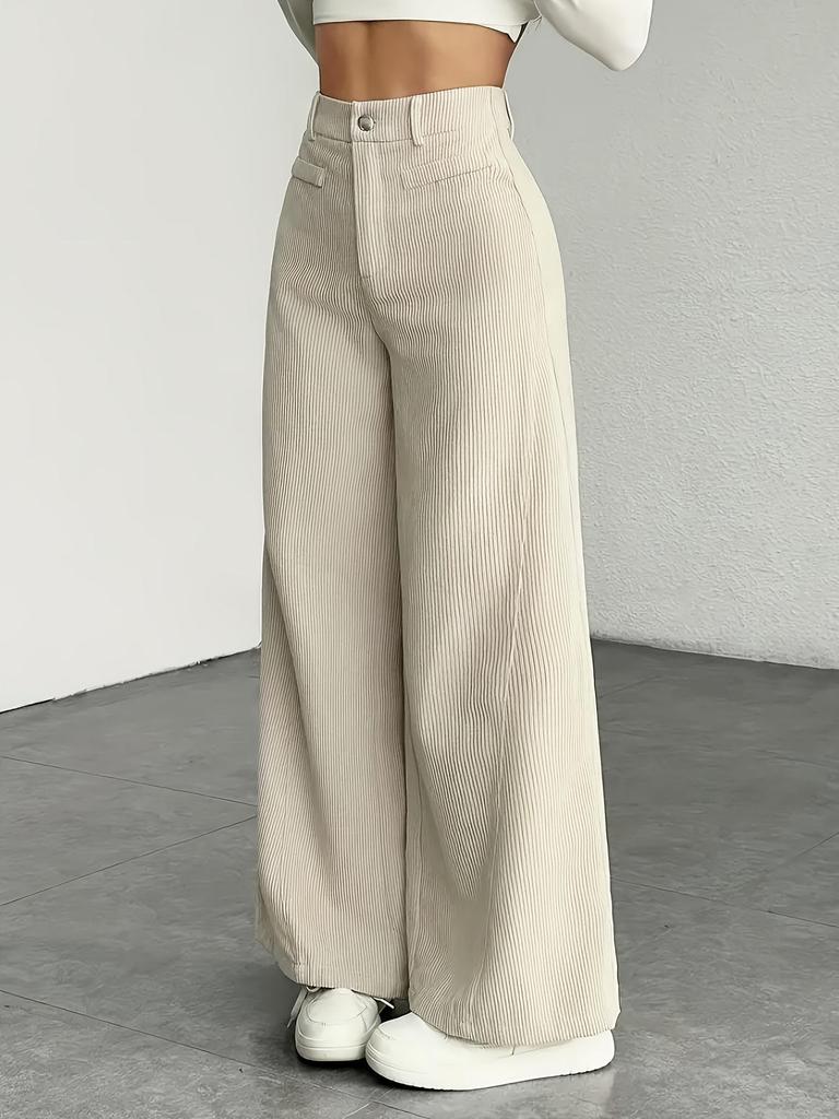 Pantaloni da Donna a Vita Alta a Gamba Larga, Pantaloni Casual Basici con Dettaglio Bottone, Grigio Uniforme