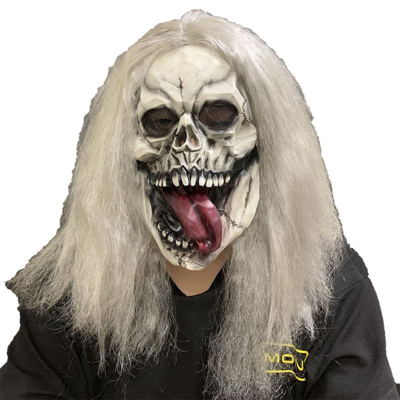 

Halloween Ghost Face Latex Mask Haunted House Horror Scary Prank Funny Performance Prop Silver Hair Tongue-Sticking Out Skull