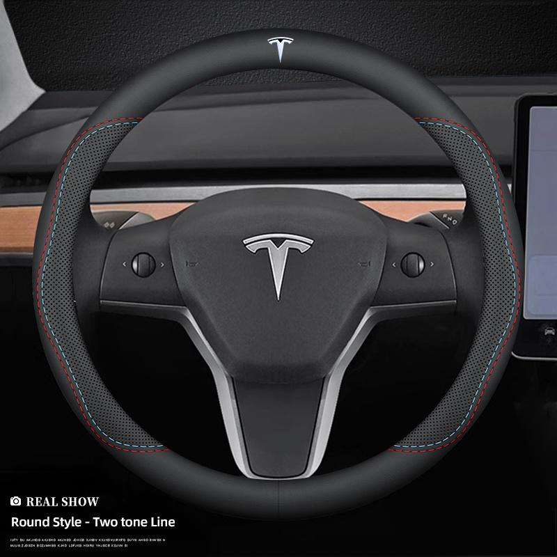 Leather Car Steering Wheel Cover Breathable Antiskid Accessories For Tesla SpaceX Model 3 Highland 2023 Model S Model X Model Y