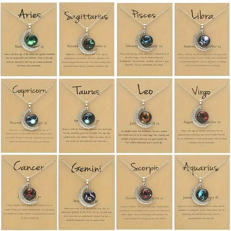 Skleněný přívěsek na krk se znamením zvěrokruhu a měsícem s kartičkou Vintage astrologické konstelace Šperky Dárky
