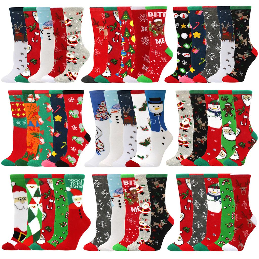 5 Pairs of Christmas Women's Socks with Reindeer and Christmas Tree Patterns, Warm Cotton Socks, Holiday Gift