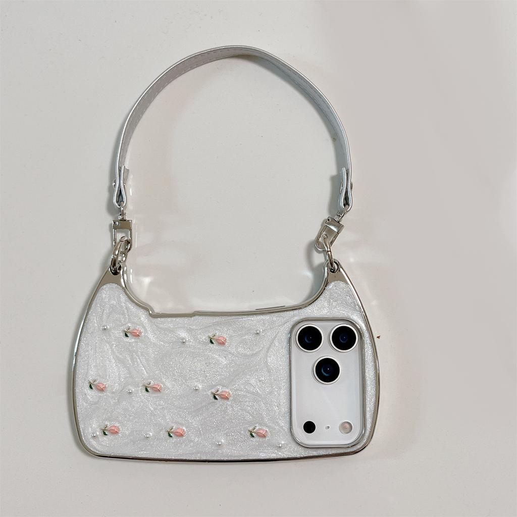Elegant Pink Rose Pearl Shoulder Phone Case for iPhone 12-17 Series — Adjustable Strap, Mirror Metallic Frame