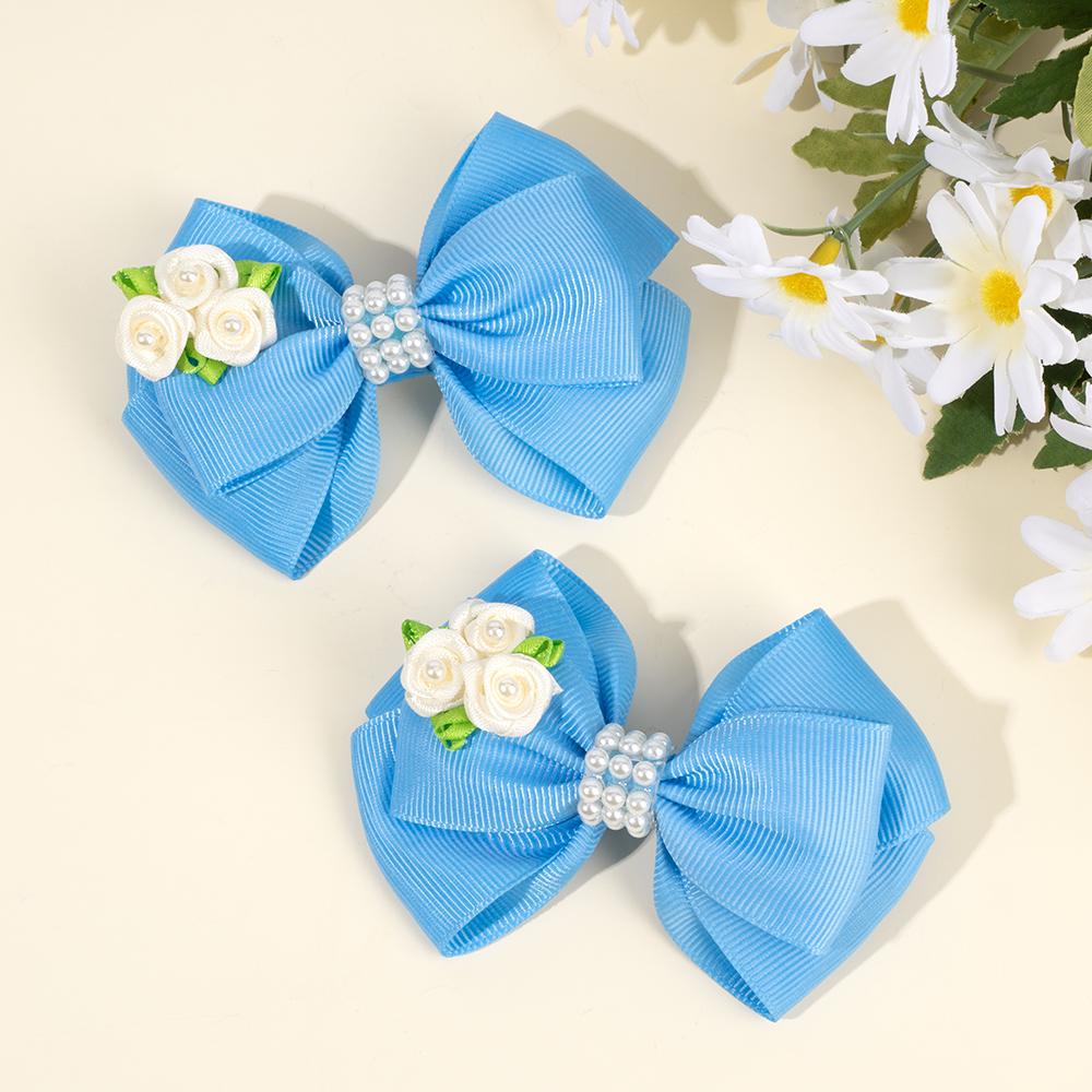 

2Pcs Sweet Rose Bow Hair Clips For Girls Elegant Pearl-Trimmed Rose Flower Ribbon Hairpin French Children s Ponytail Accessories
