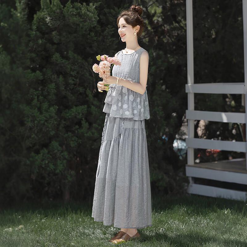 Sibaisha 2025 Summer Women's Round Neck Loose Vest & Skirt Set