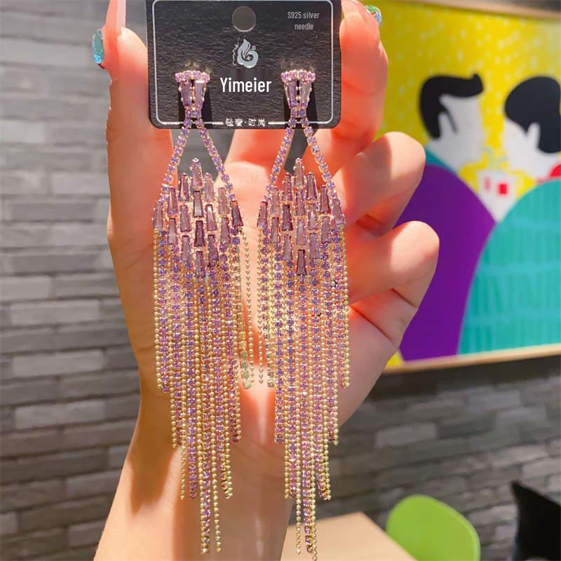 S925 Silver Needle Rhinestone Tassel Earrings - Exquisite Long Claw Chain with Colored Diamonds, European & American Style