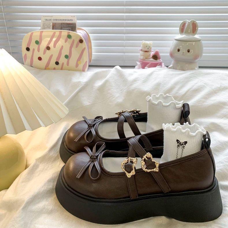 Vintage Round Head Heightening Lolita Small Leather Shoes Women's 2025 Autumn Sweet Bow Versatile Mary Jane Single Shoes