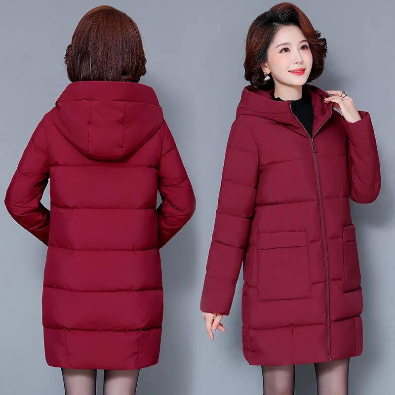 Women's Winter Casual Plus Size Mid-Length Jacket Solid-Color Hooded Warm Jacket