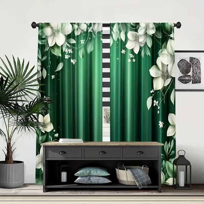 2 Pcs Green Flowers Print Curtains,suitable for Bedroom,living Room Kitchen Decoration,home Decoration,window Decoration
