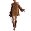 European And American Style Fashion Temperament Semi-Turtleneck Neck Dress Suede Lantern Sleeves Off-The-Shoulder Mini-Skirt