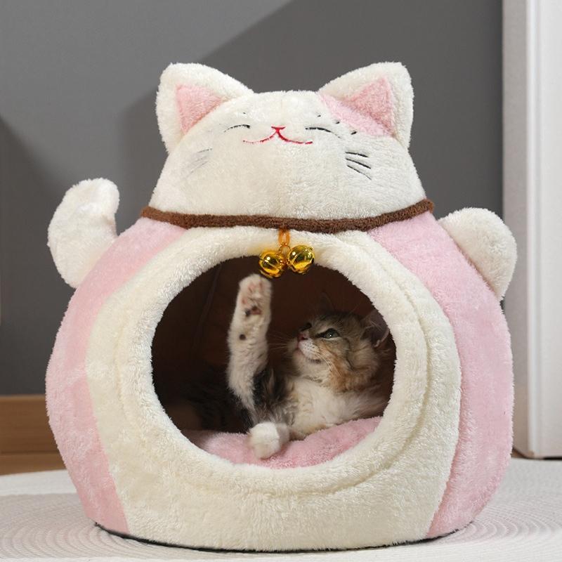 Kształt kota szczęścia gniazdo dla kota jesienno-zimowe ciepłe dom kota szczęścia półzamknięty mały i średni kojec gniazdo dla zwierząt