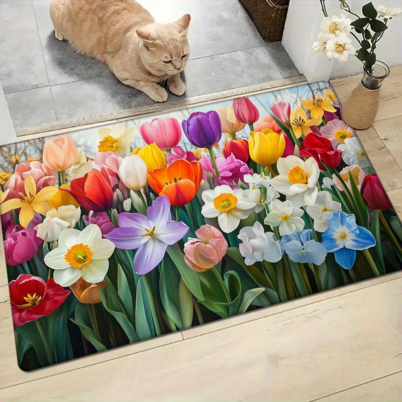 Tulip Butterfly Non-Slip Flannel Door Mat, Machine Washable Fade-Resistant for Indoor Outdoor Use In Bedroom Living Room Kitchen