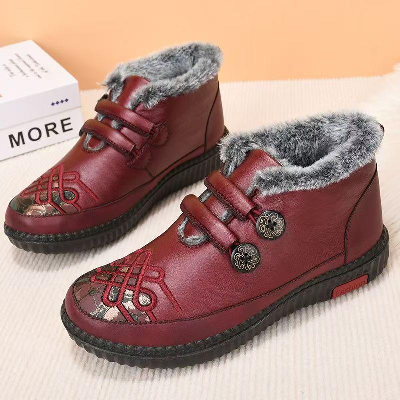 Ethnic Style Ankle Elderly Cotton Boots Winter New Women Waterproof Non Slip Round Toe Plush Keep Warm Flat Sole Cotton Shoes
