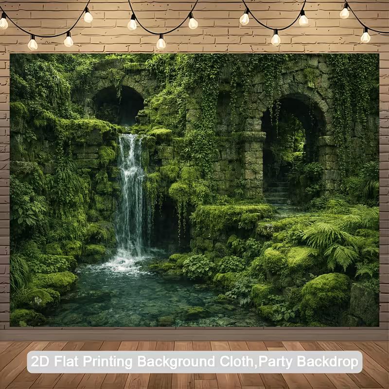Overgrown Jungle Banner with Mossy Arches and Ferns Photo Booth Background Cloth 47.2x31.5inch/120*80cm