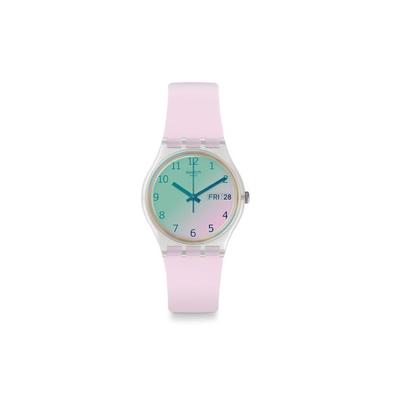 Quartz Movement Dual Date Laser Mirror Waterproof Watch Pink Dial Plastic Case Silicone Strap Unisex Watches GE714