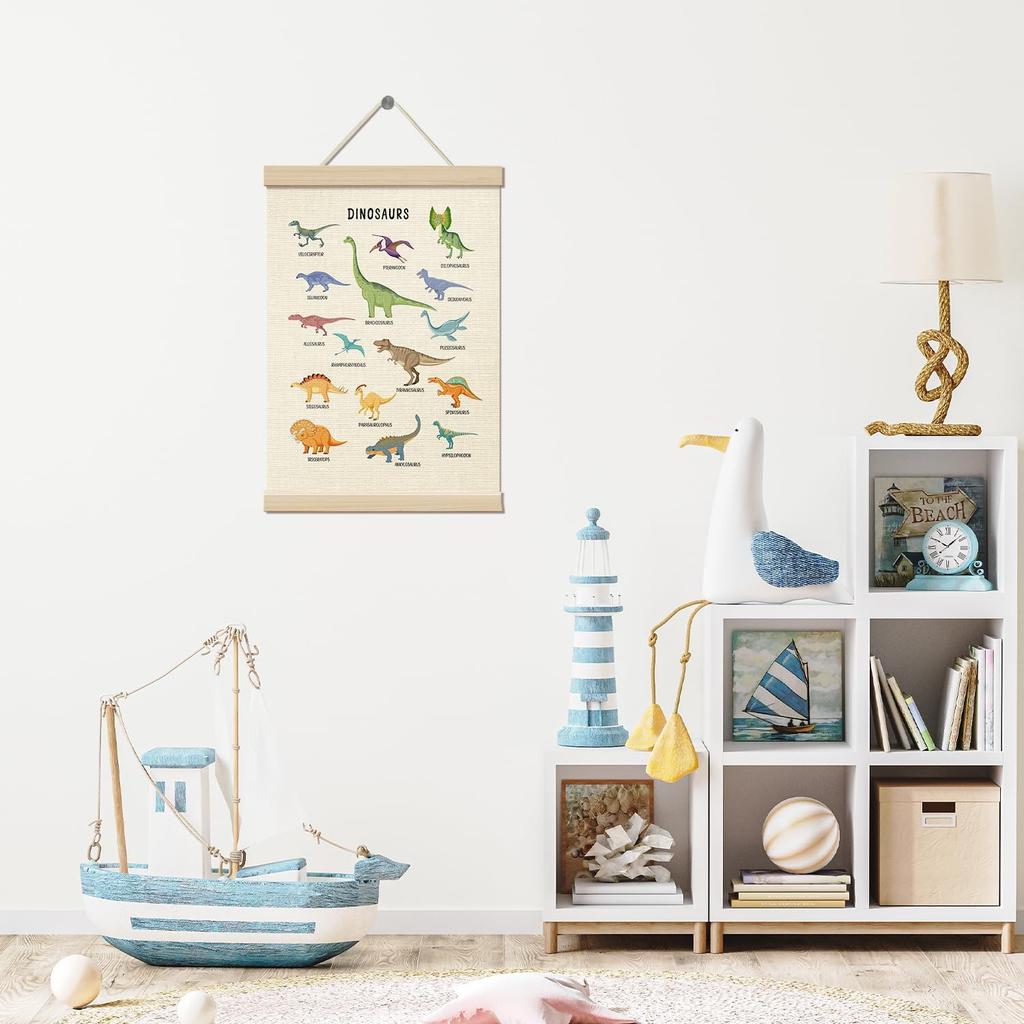 ZEDEV Dinosaur Wall Decor, Poster Hanger with Wood Frames 12x16 Inches, Dino Educational Canvas Wall Art, Artwork Hanging Kit for Boy Toddler Room