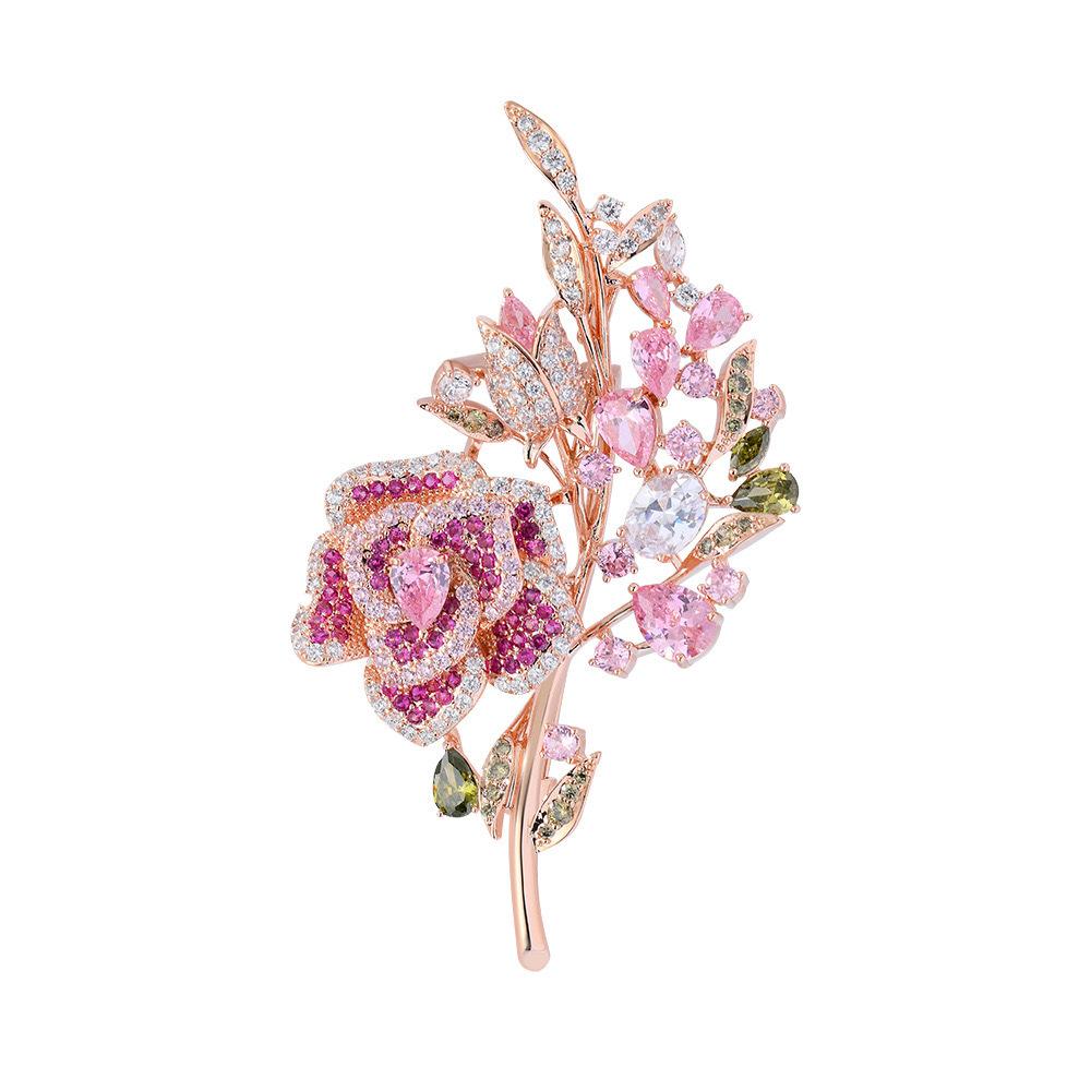 Light Luxury Pink Zircon Rose Bouquet Brooch Brooch Micro Zircon Flower Pin Dress Accessories