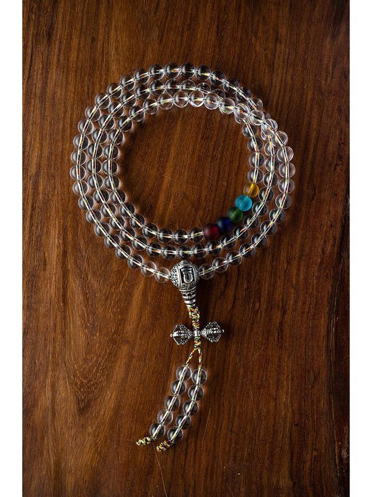 8-12mm White Crystal Buddhist Beads with Glass Rosary & Vajra Accessories.
