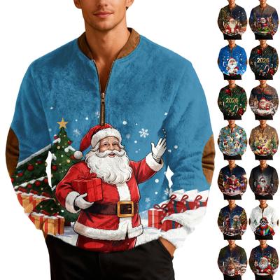סוודר חג המולד לגברים סווטשירט עם רוכסן סוודר סרוג וינטג' עם גרפיקה סוודר פולאובר לחג המולד עם צווארון סטנד-אפ