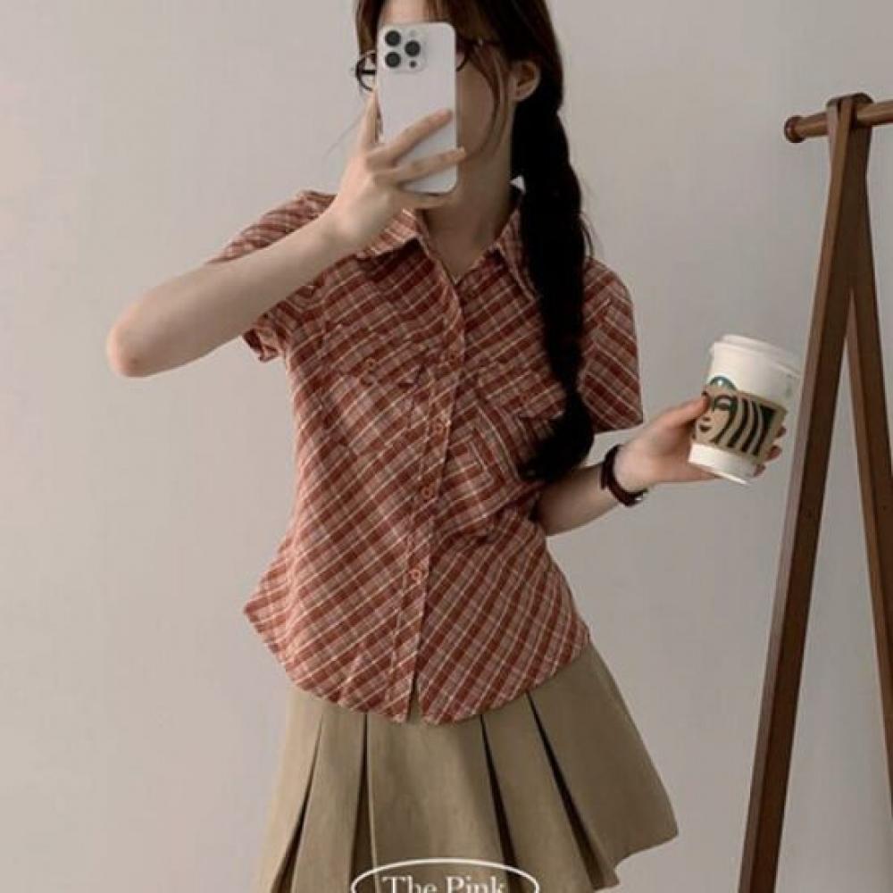 The Pink Men S Pocket Check Cropped Short Sleeve Shirt