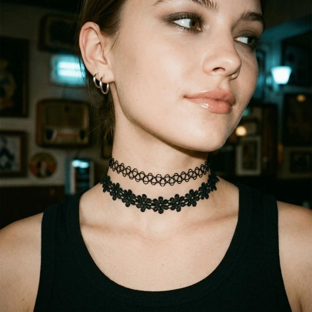 6Pcs/Set Vintage Style Gothic Elastic Necklace Adjustable Punk Necklace Fashion Lace Chokers Daily