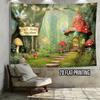 2D Whimsical Fairy Tale Forest Tapestry with Mushroom Cottage