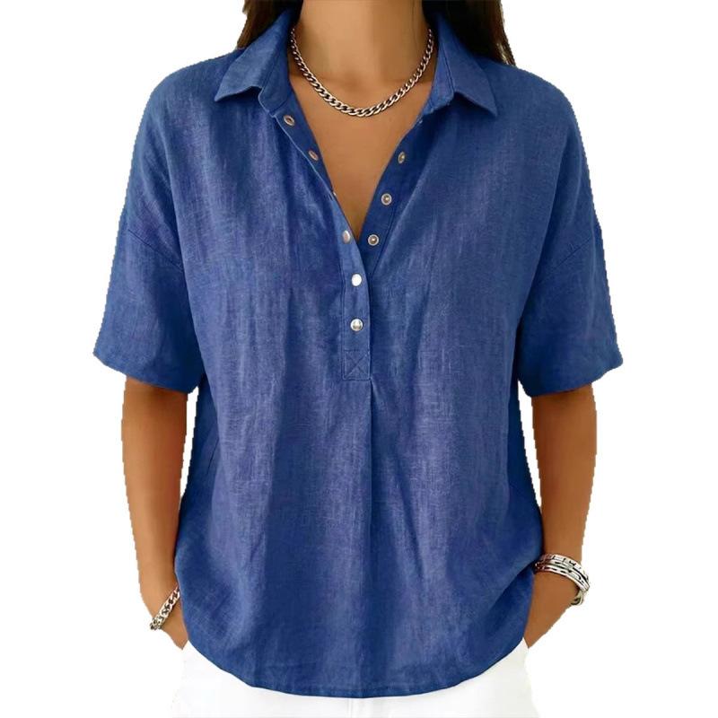 Womens Casual Solid Color Short Sleeve Linen Blend Shirt