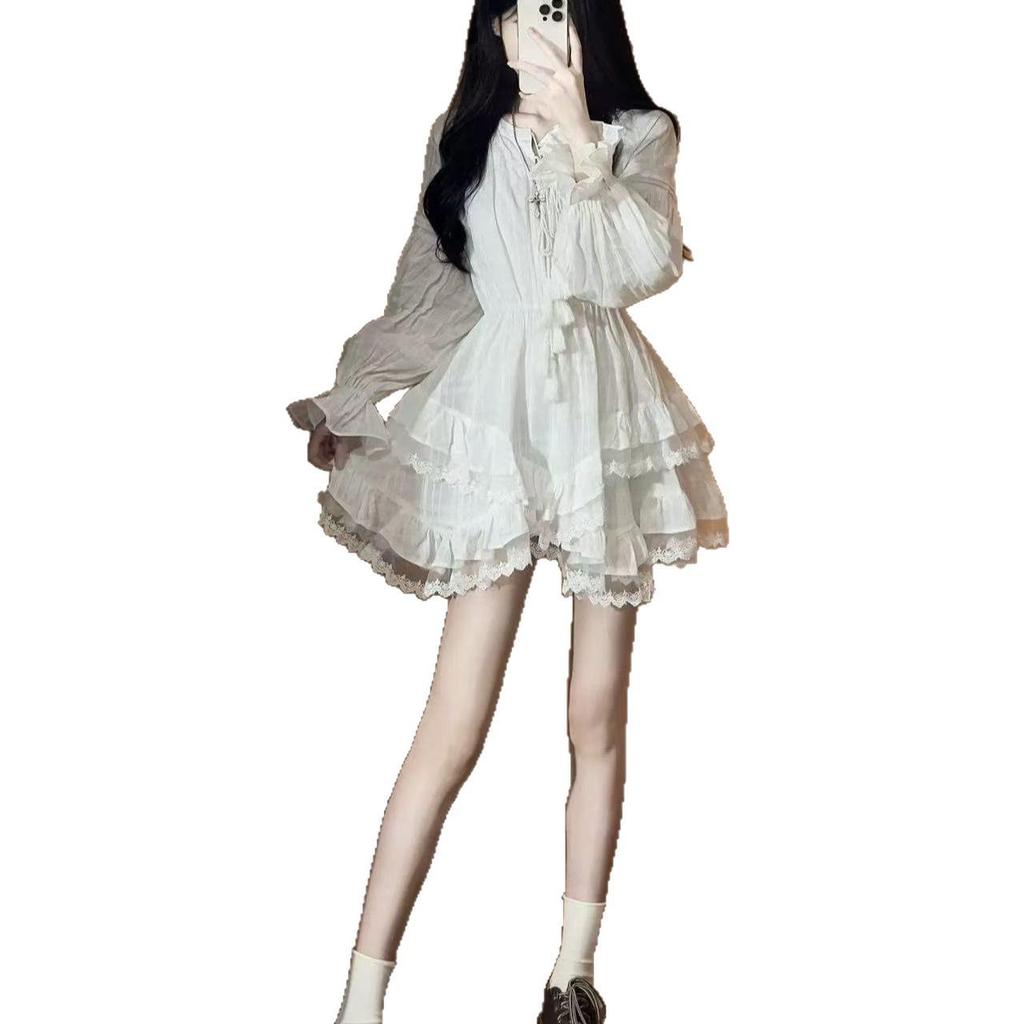 Elegant White Slimming Long-Sleeve Dress with Puffy Skirt for Women, Perfect for Spring and Autumn