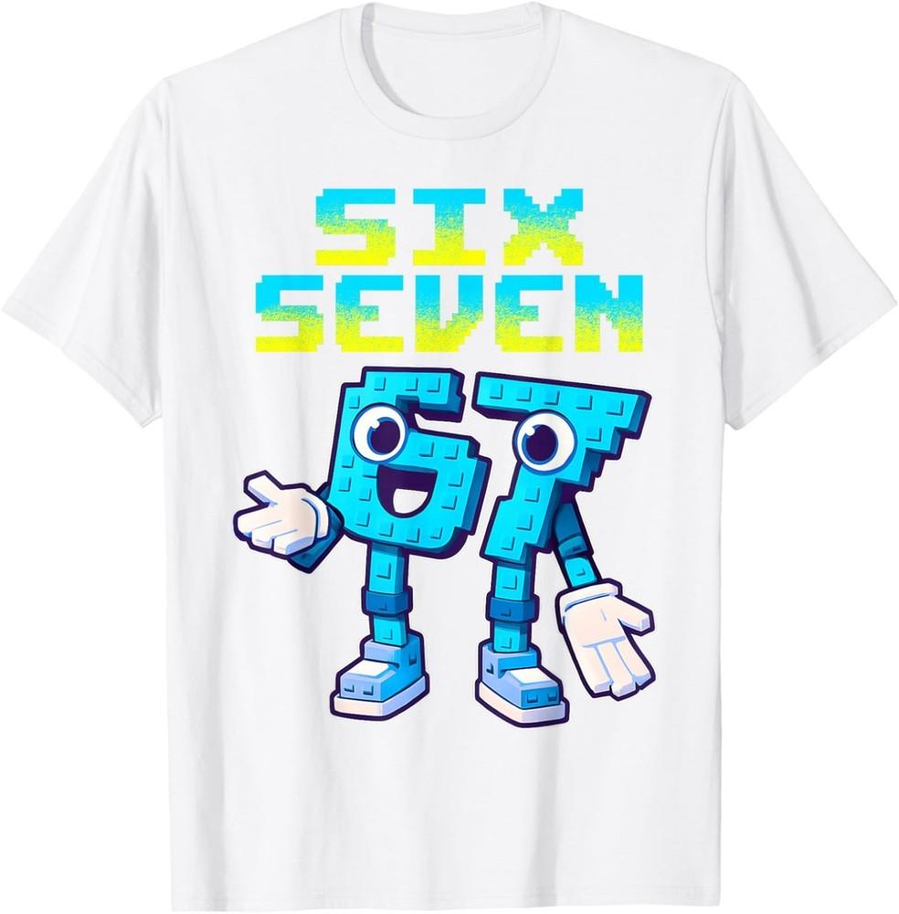 T-shirt Grafica Retro Pixelata con Numeri Cartoni Animati Sei Sette 67