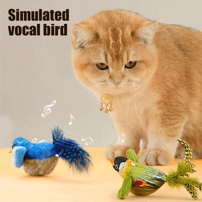 Chirping Bird Cat Toy Interactive Lifelike Plush Bird with Squeaky Sound And Feather Touch Activated Kitten Toy for Indoor Cats