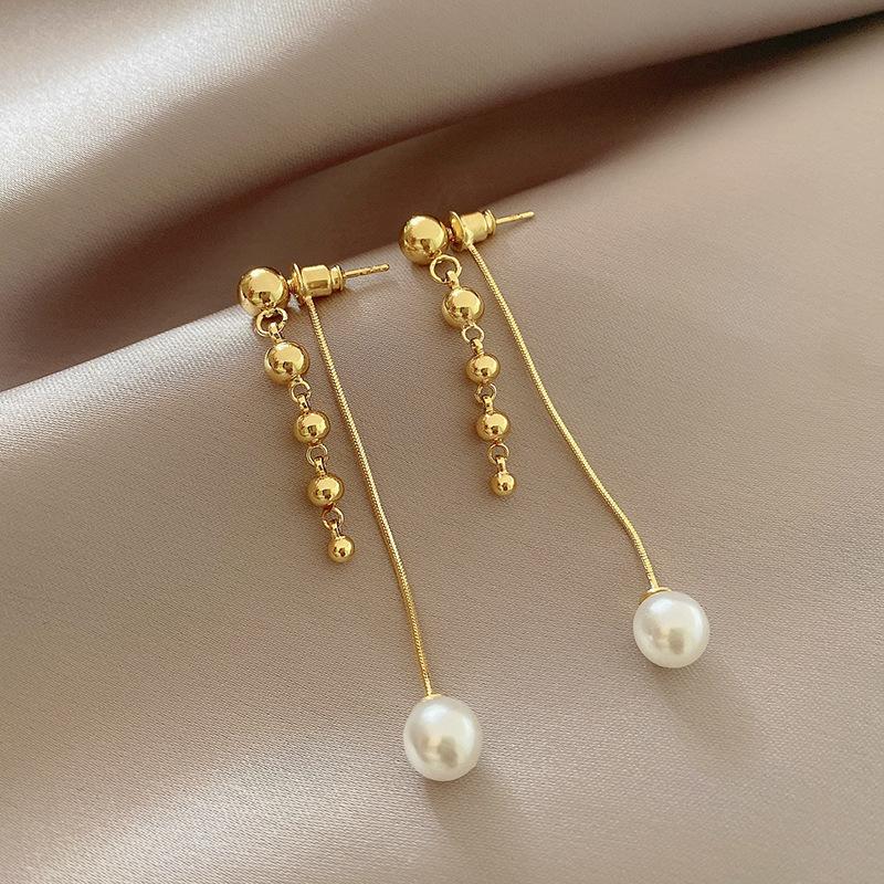 

Новая корейская тенденция имитация жемчуга длинная кисточка болтающиеся серьги для женщин мода золотой цвет серьги пусет ювелирные изделия свадебные аксессуары