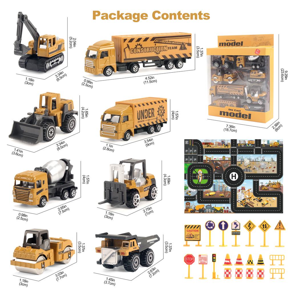 8pcs/set Alloy Engineering Truck with Mat&Road Sign Classic Construction Model Vehicle Loader Tractor Excavator Toy Car for Boys
