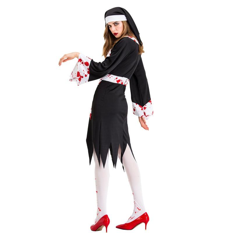 Halloween Black Vampire Zombie Costume, Nun Priest Zombie Character Uniform Stage Costume