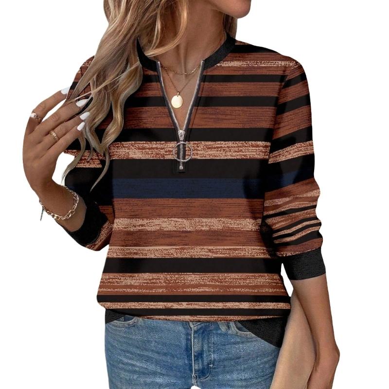 Women's color-blocked striped print shirt, half-zip, round neck, long-sleeved casual pullover top with waist belt
